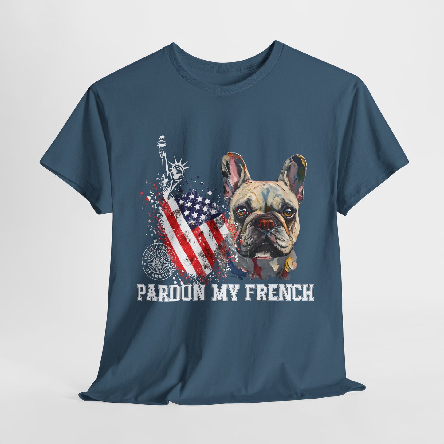 Blue t-shirt with a graphic of a dog, American flag, and 'Pardon My French' text on a white background