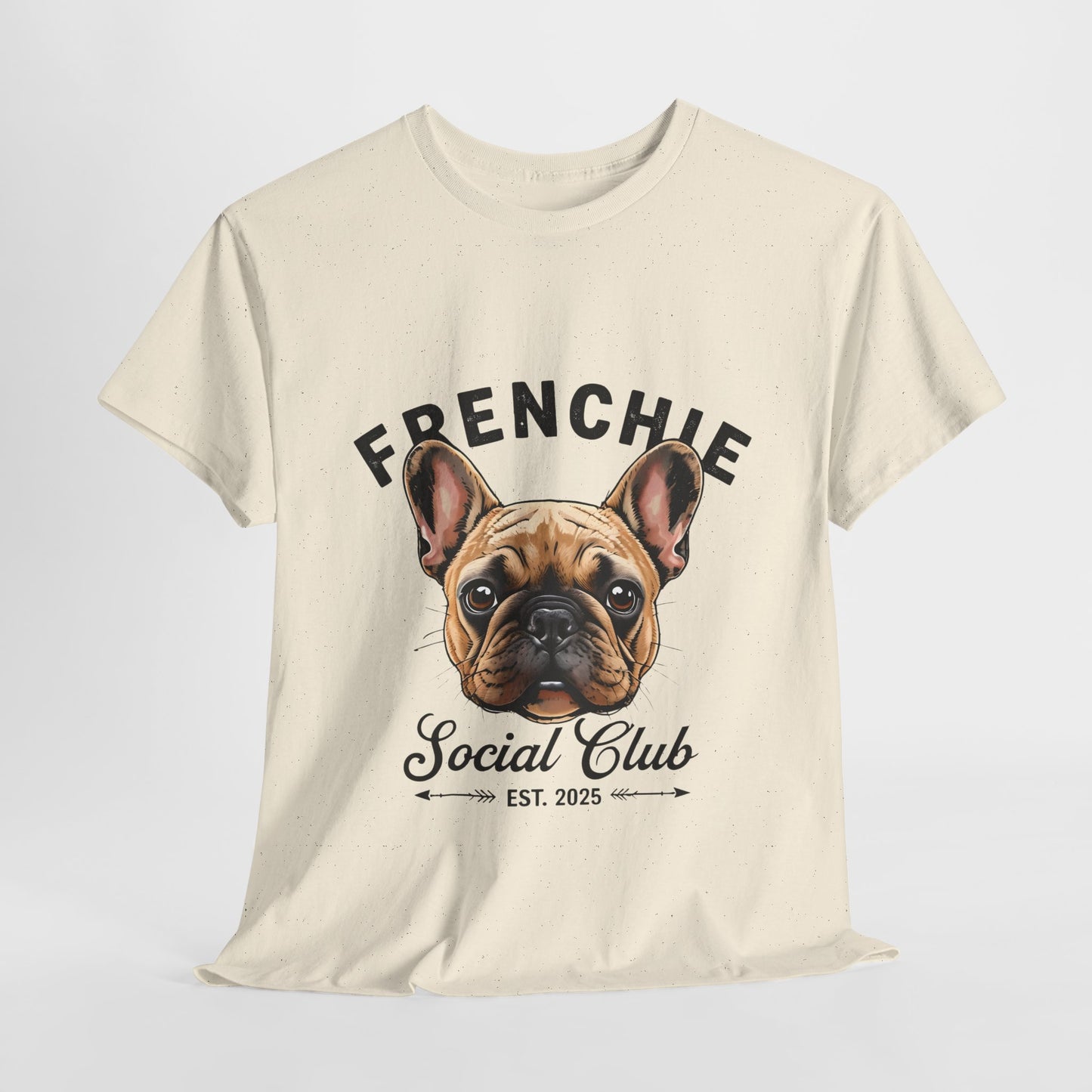 Beige t-shirt with a graphic of a French Bulldog and text 'FRENCHIE Social Club EST. 2025' on a white background