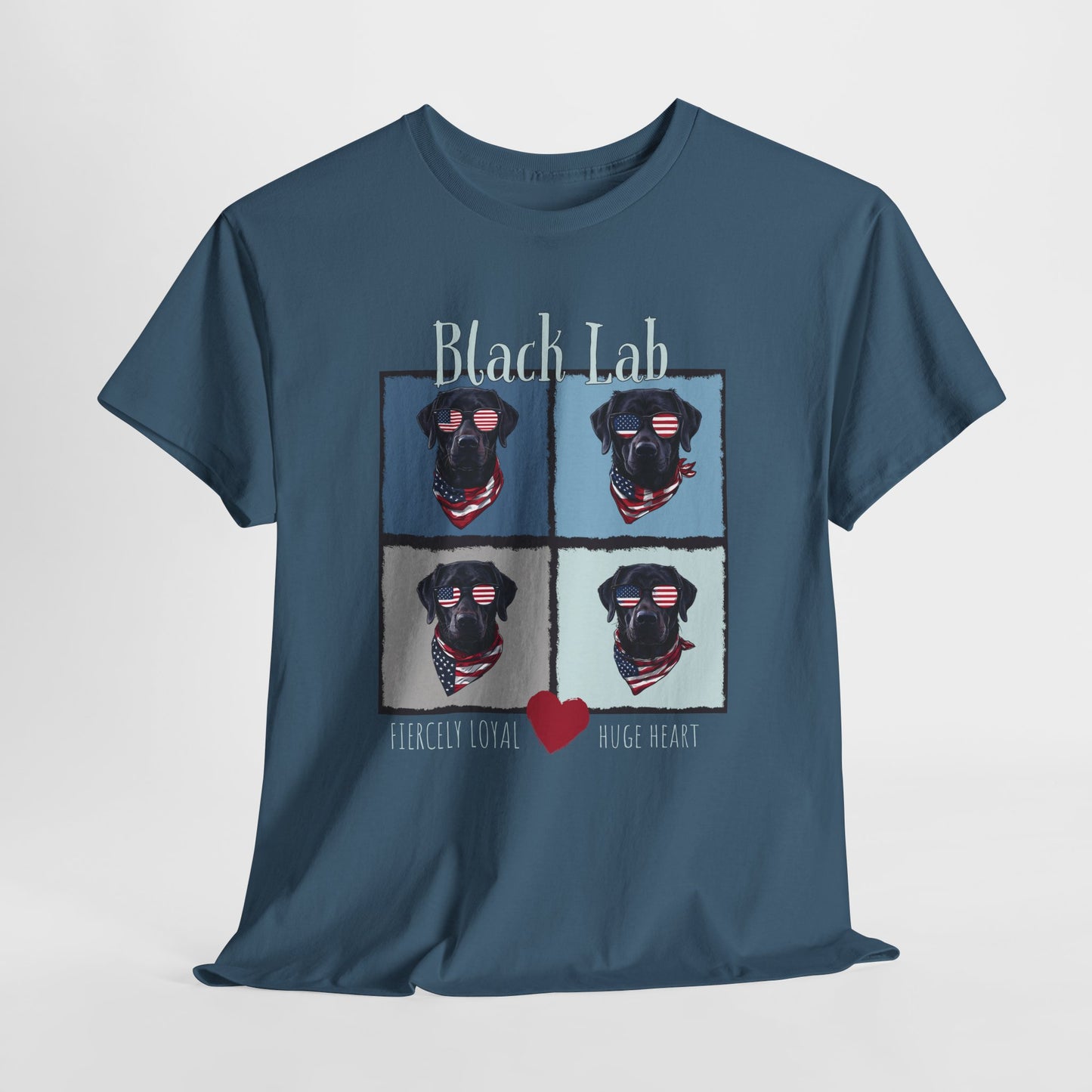 Blue t-shirt with black labrador design and text on a white background
