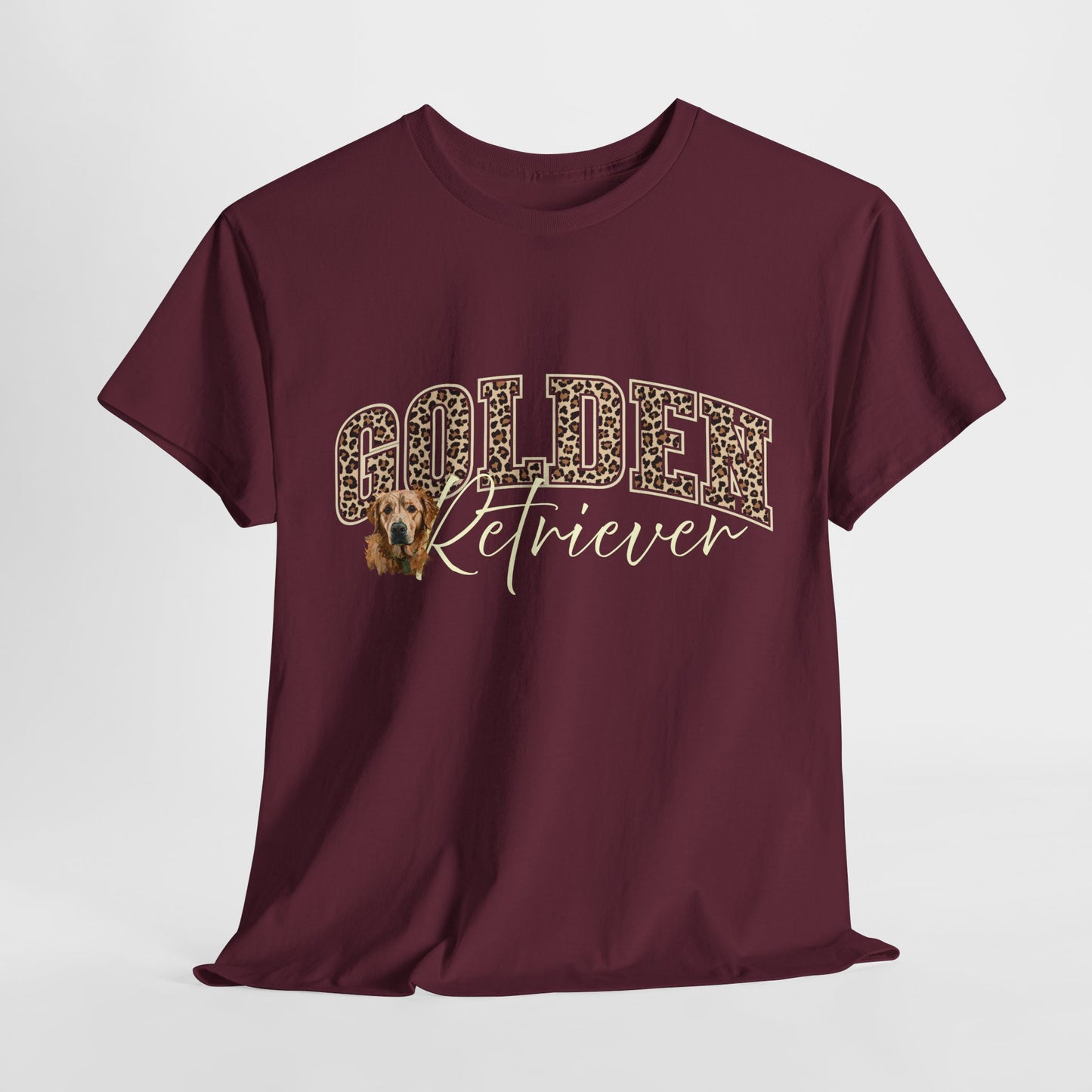 Maroon t-shirt with 'Golden Retriever' text and dog graphic on a white background