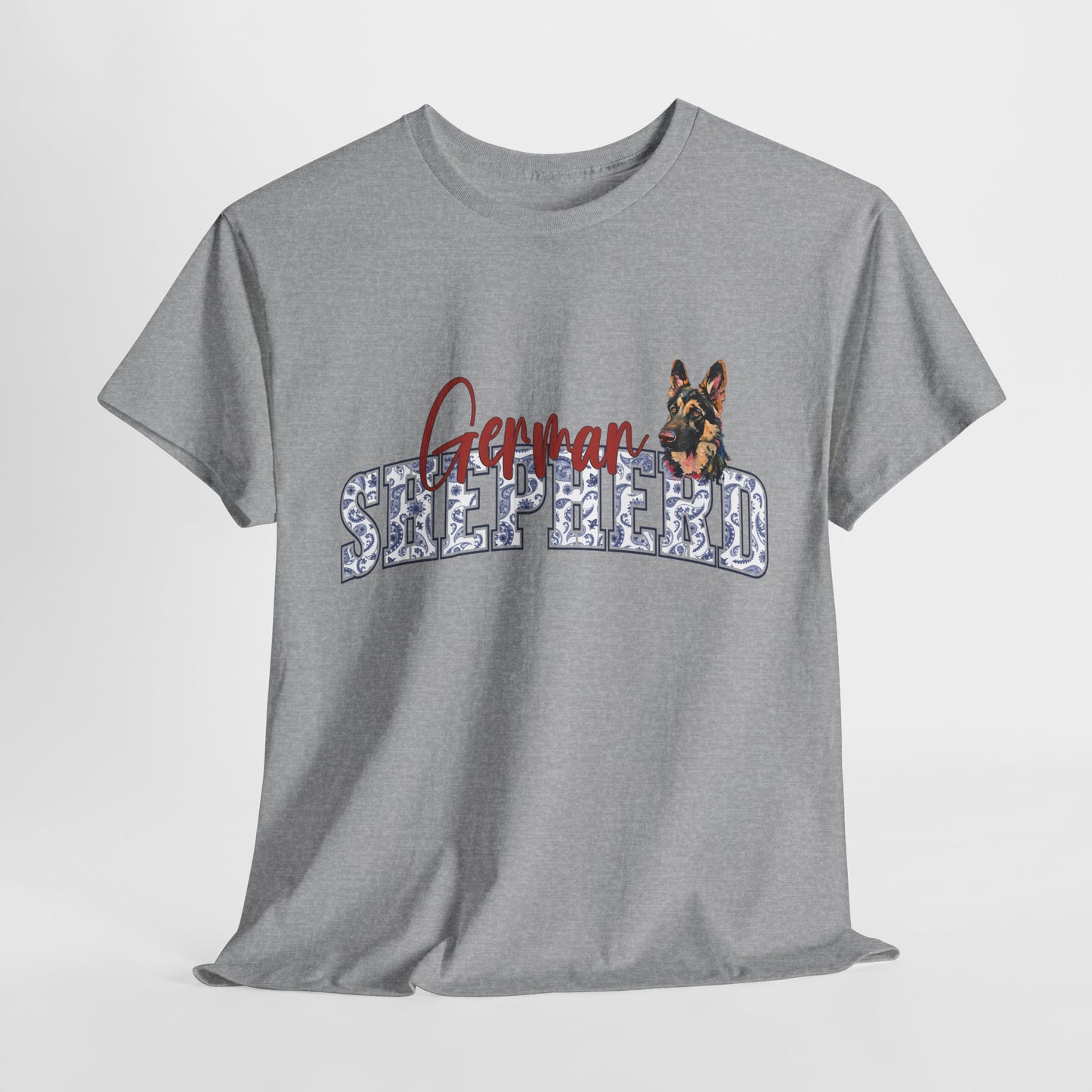 Gray t-shirt with 'German Shepherd' text and dog graphic on a white background