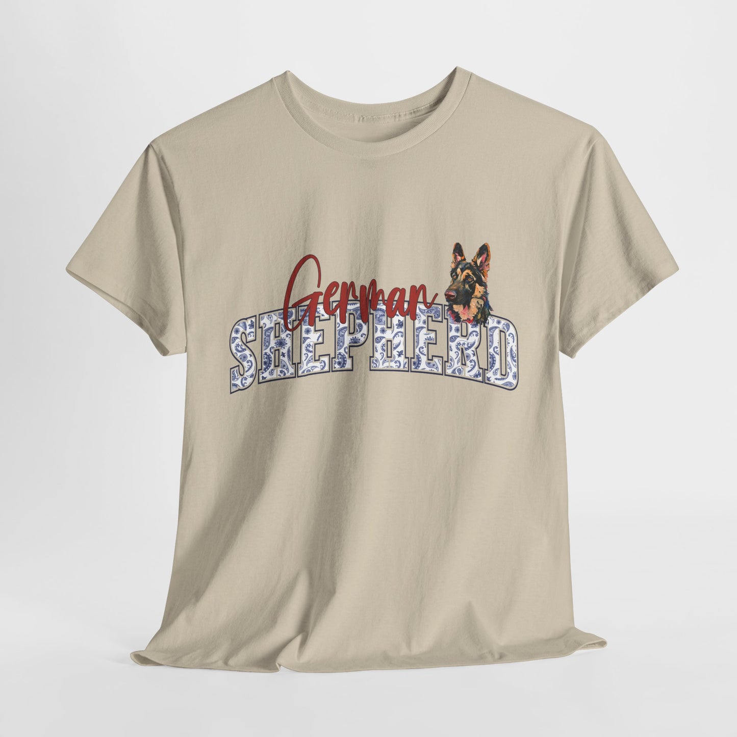 Beige t-shirt with 'German Shepherd' text and dog graphic on a white background