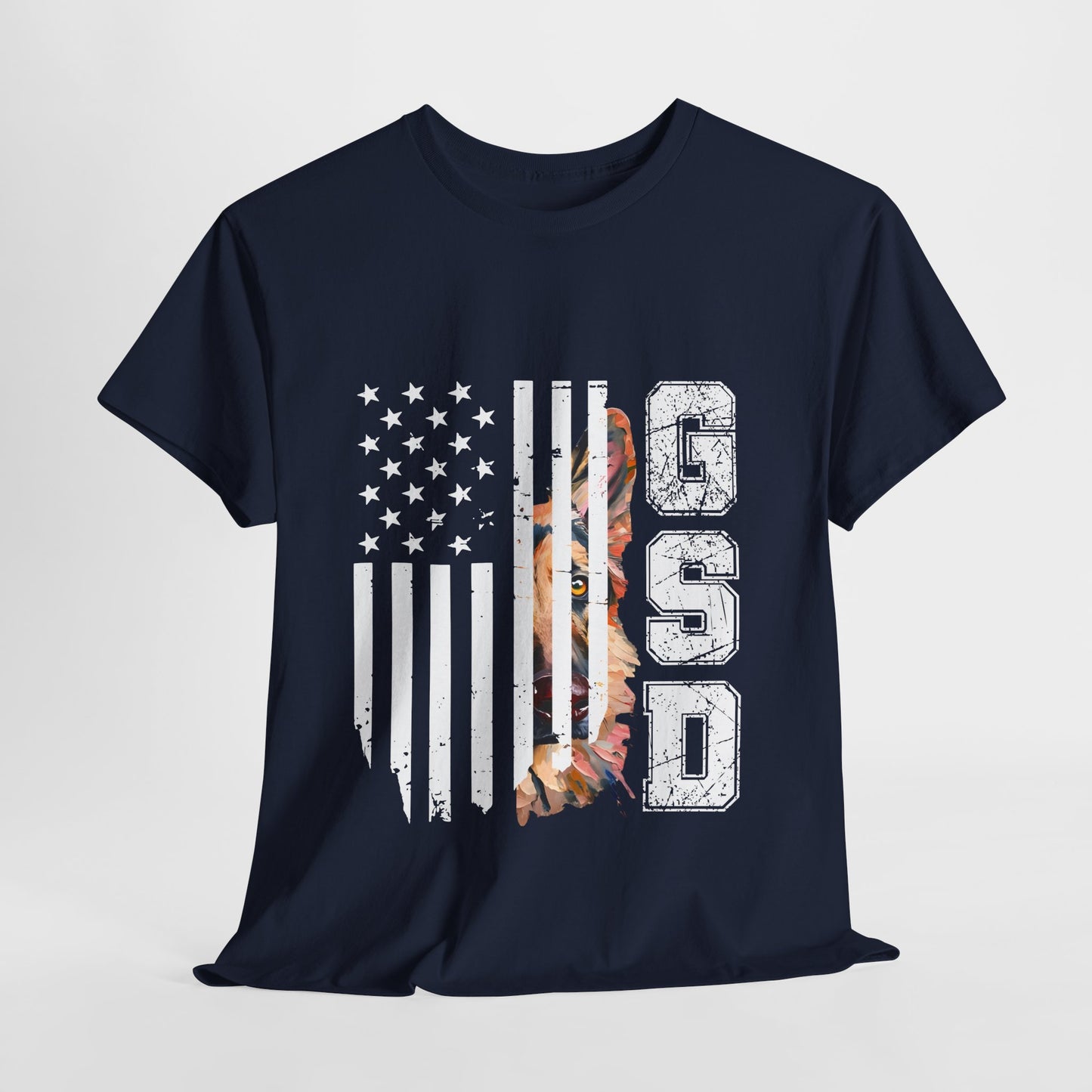 Navy blue t-shirt with American flag and 'GSD' design on a light gray background