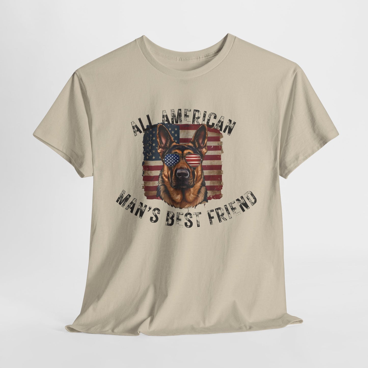 Beige t-shirt with a graphic of a dog and text 'All American Man's Best Friend' on a white background