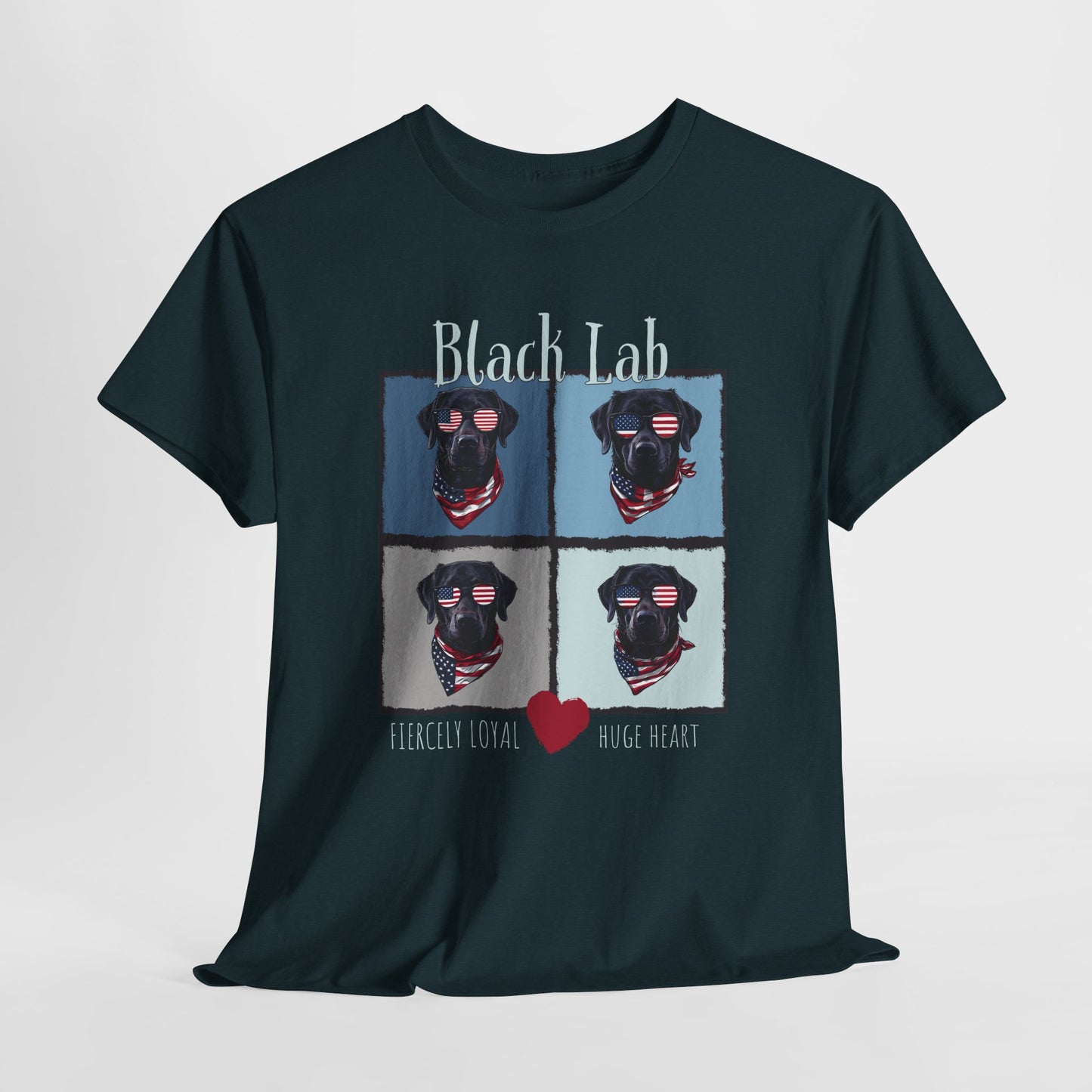 Black t-shirt with a graphic of a black labrador retriever and text on a white background