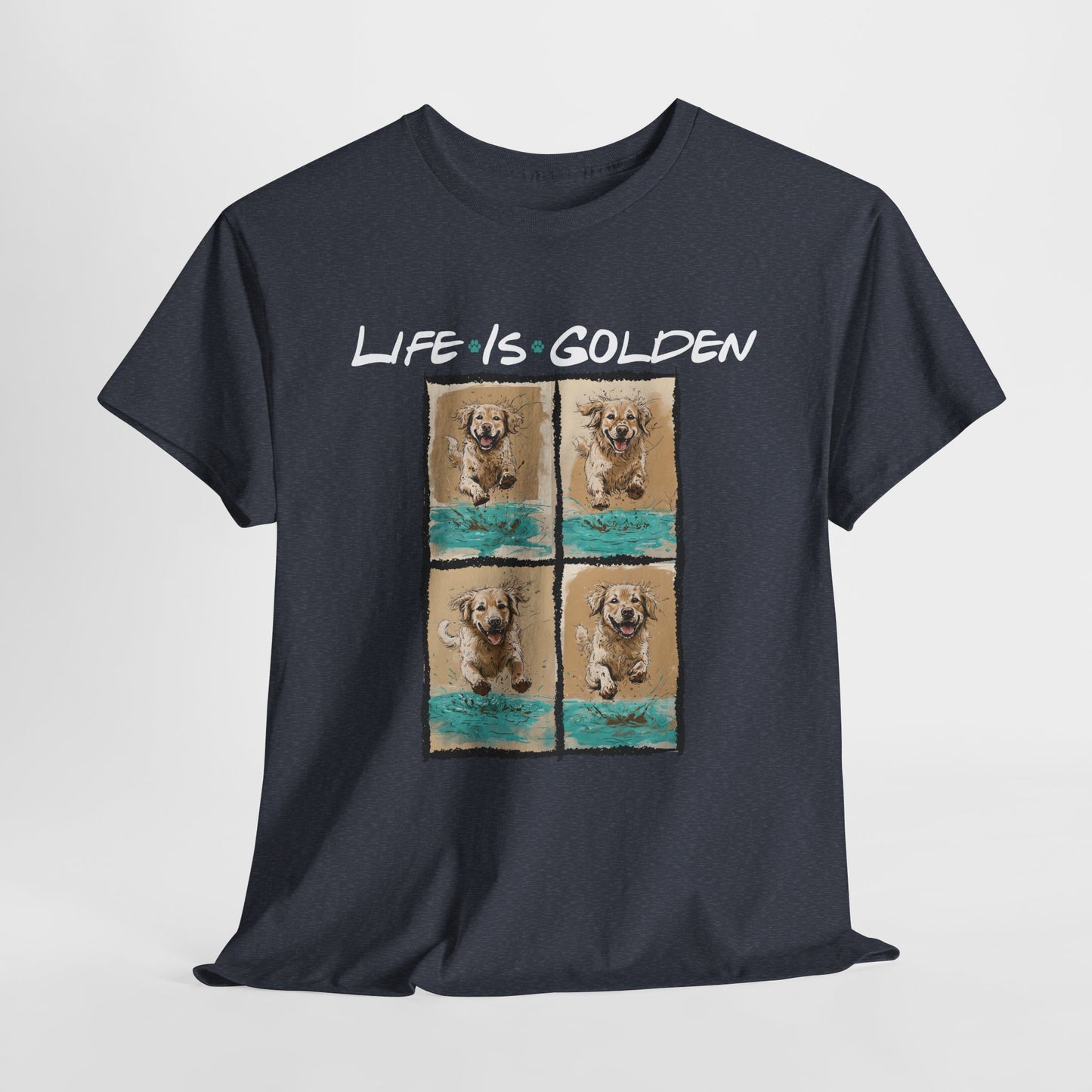 Black t-shirt with 'Life is Golden' text and dog images on a light gray background