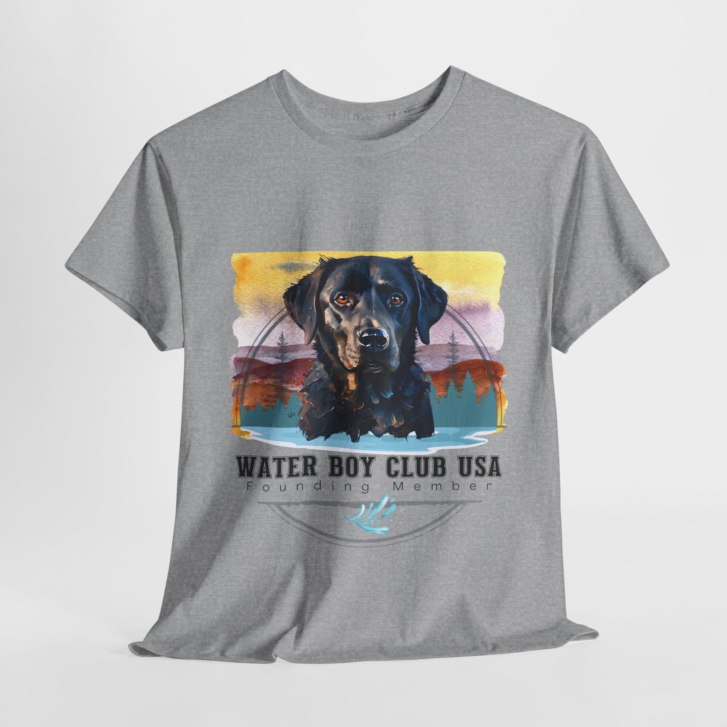 Gray t-shirt with a dog graphic and 'Water Boy Club USA' text on a white background