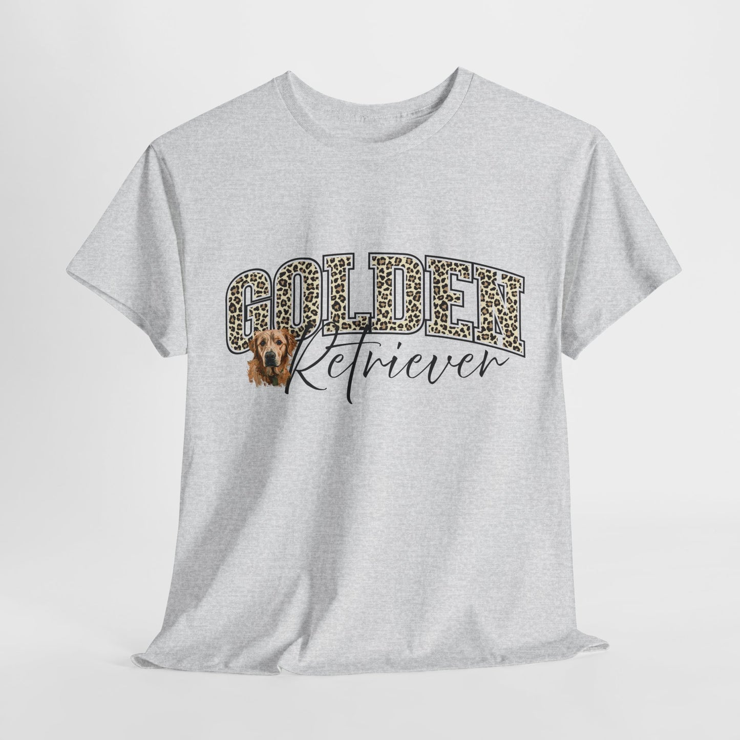 Gray t-shirt with 'Golden Retriever' text and dog graphic on a white background