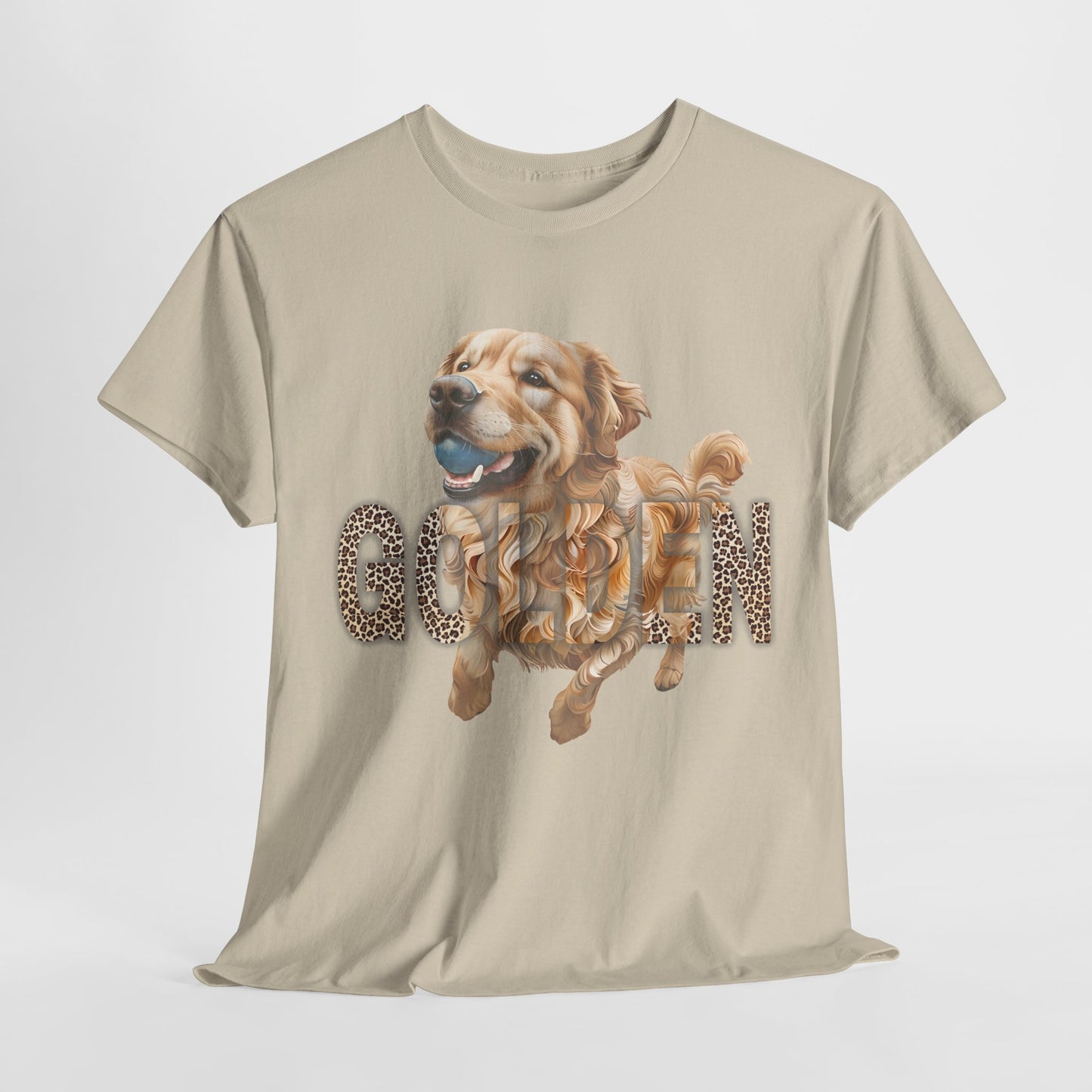 Beige t-shirt with a graphic of a golden retriever and 'GUDE' text on a white background