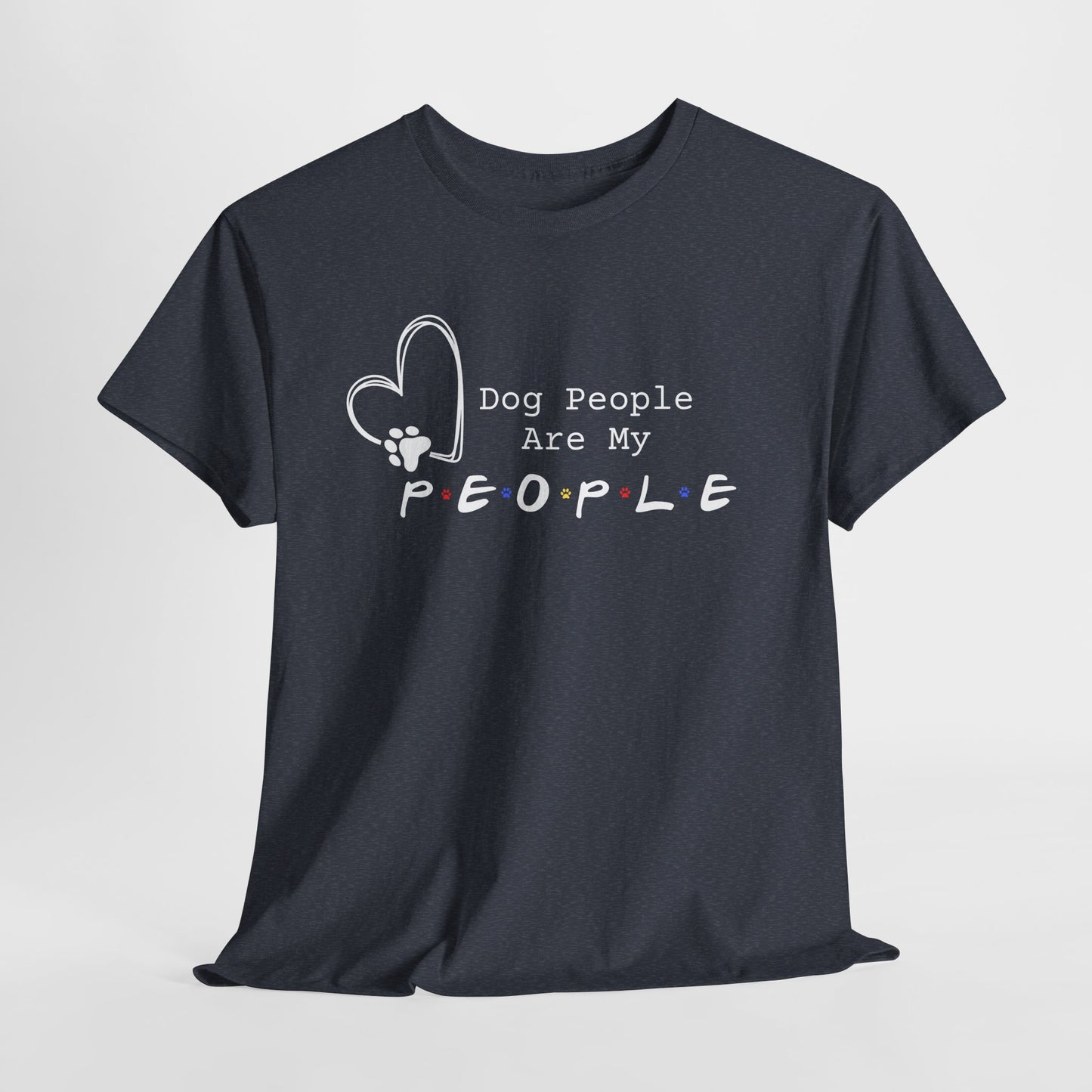 Black t-shirt with 'Dog People Are My People' text and heart design on a white background