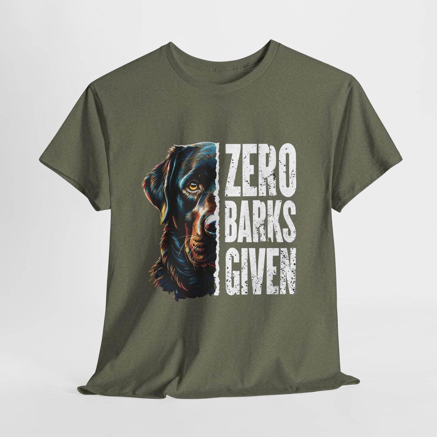 Green t-shirt with a dog graphic and 'Zero Barks Given' text on a white background