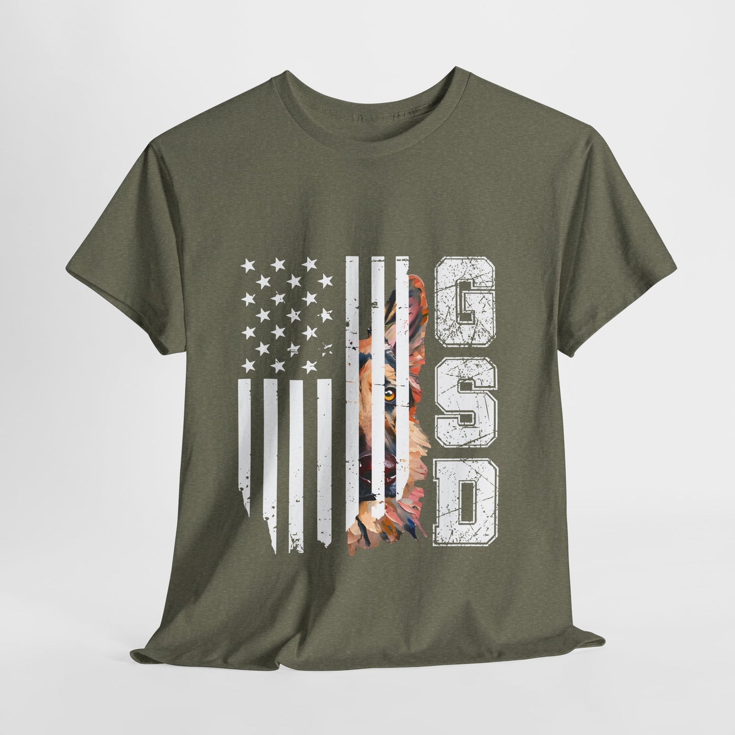 Green t-shirt with American flag design and 'USA' text on a white background