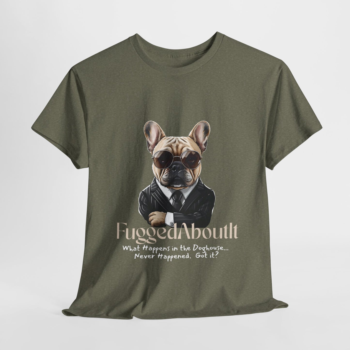 Green t-shirt with a dog graphic and text on a white background