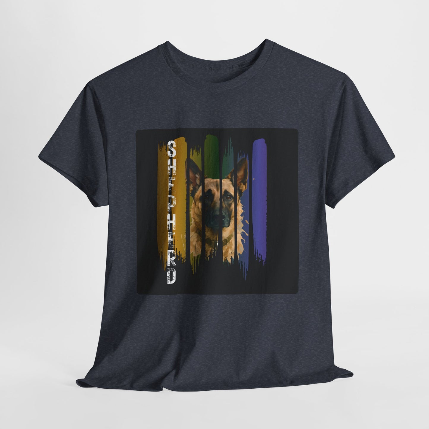 Black t-shirt with a graphic of a dog's face on a white background