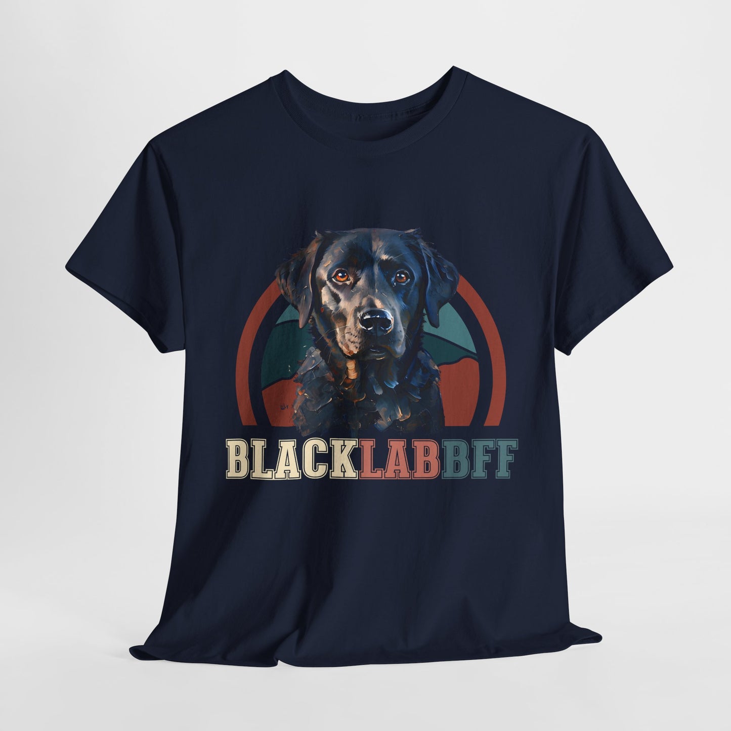Navy blue t-shirt with a black lab graphic and 'BLACK LAB BFF' text on a light gray background
