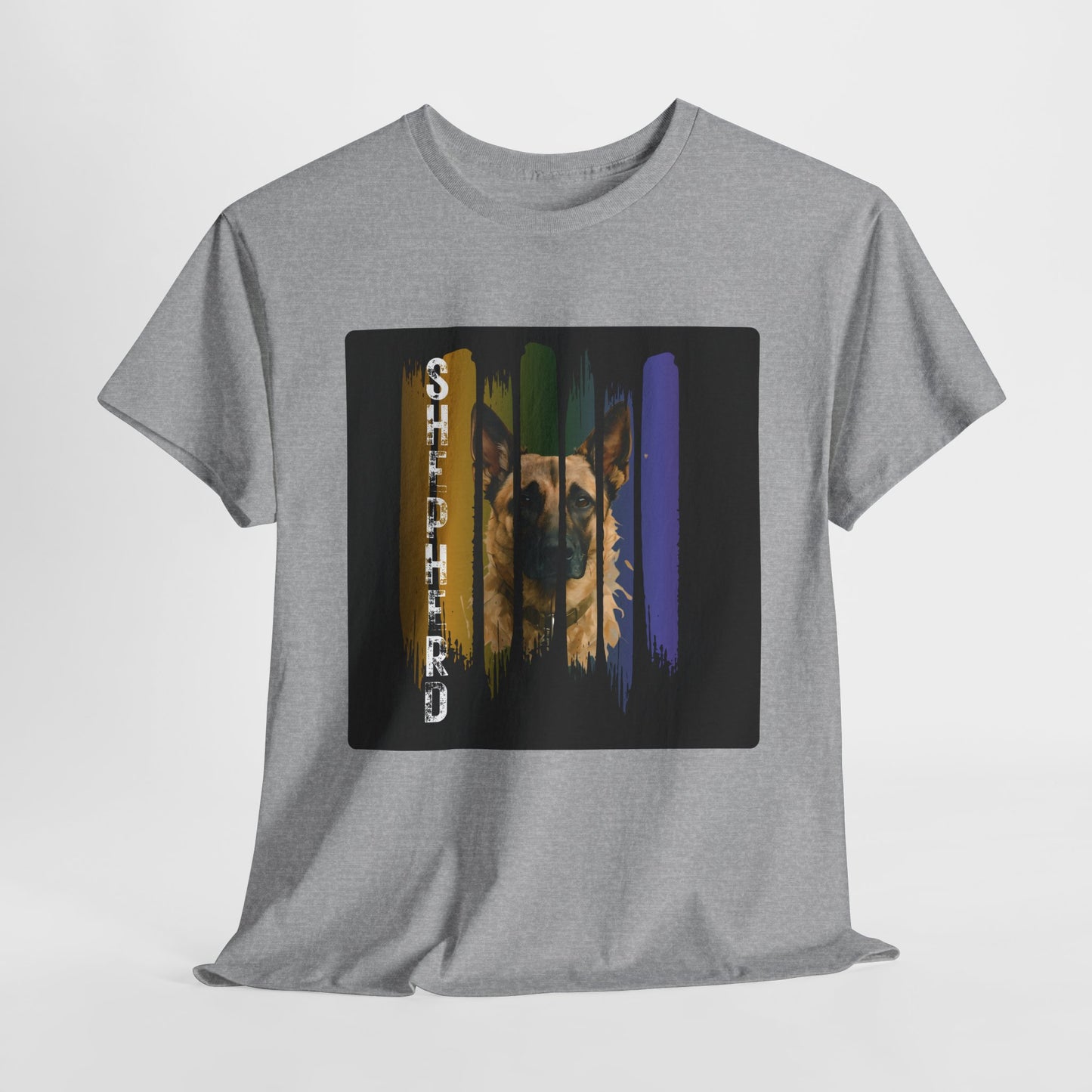 Gray t-shirt with a graphic design of a bear and colorful stripes on a white background