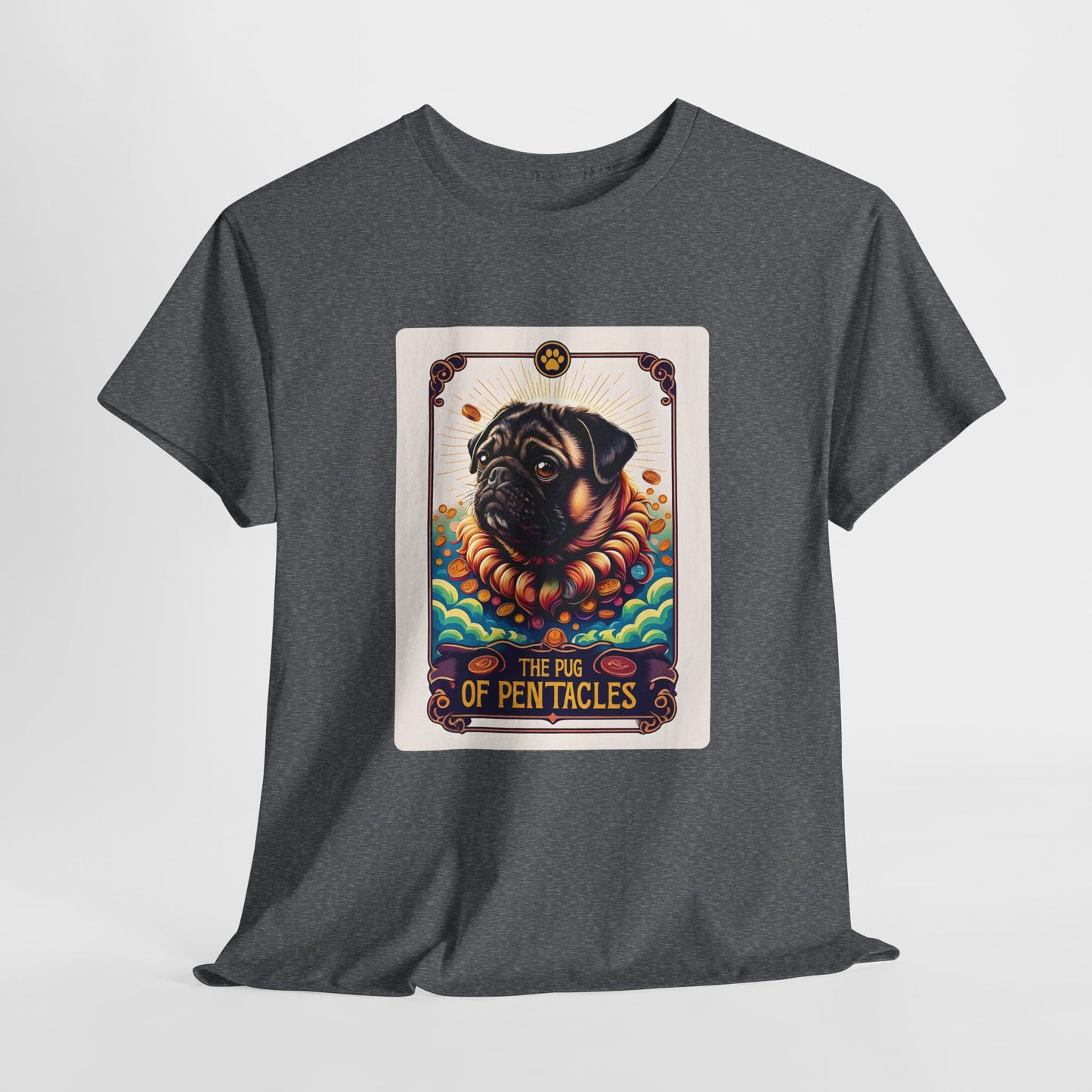 Gray t-shirt with a graphic of a pug on a tarot card design.