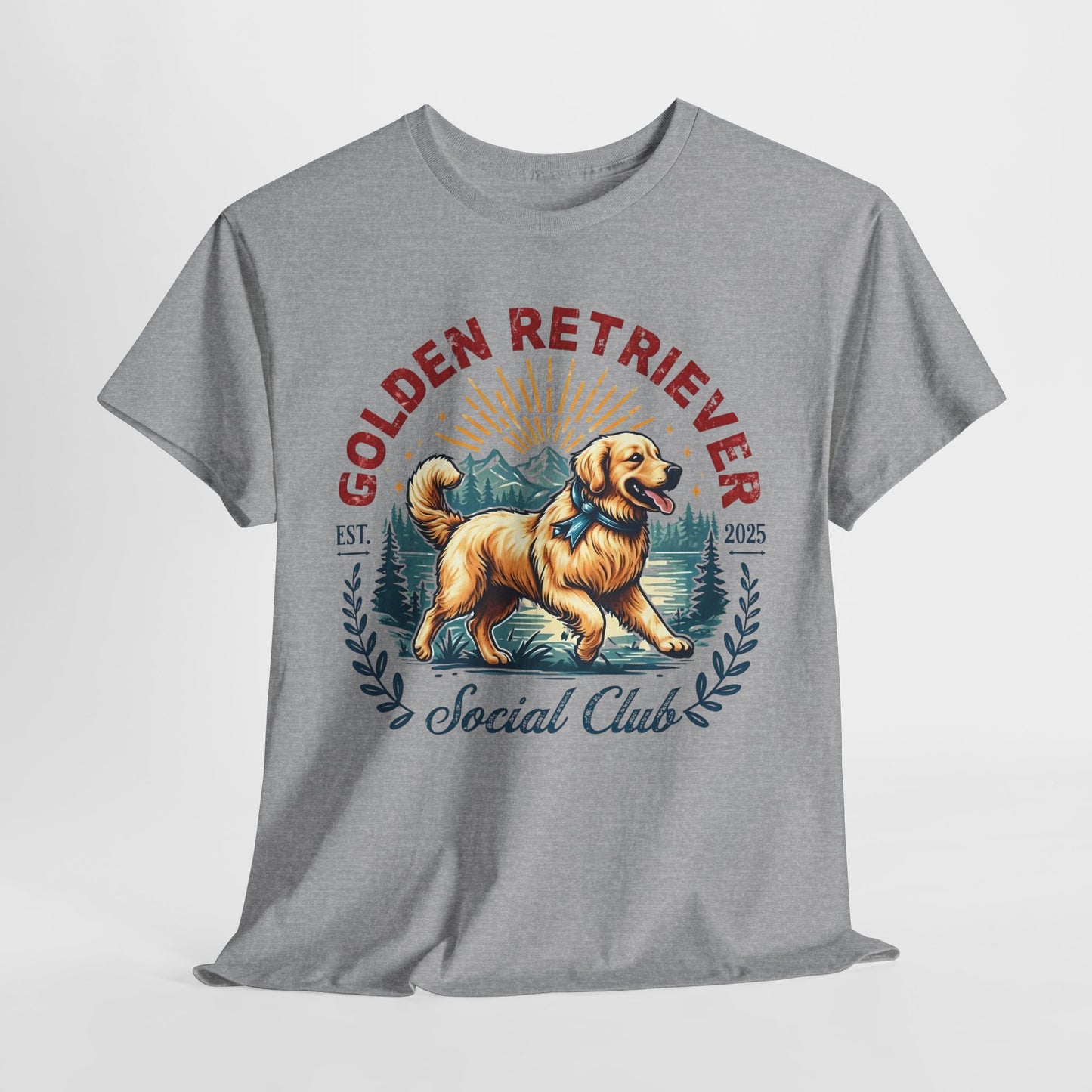 Gray t-shirt with a Golden Retriever graphic and text on a white background