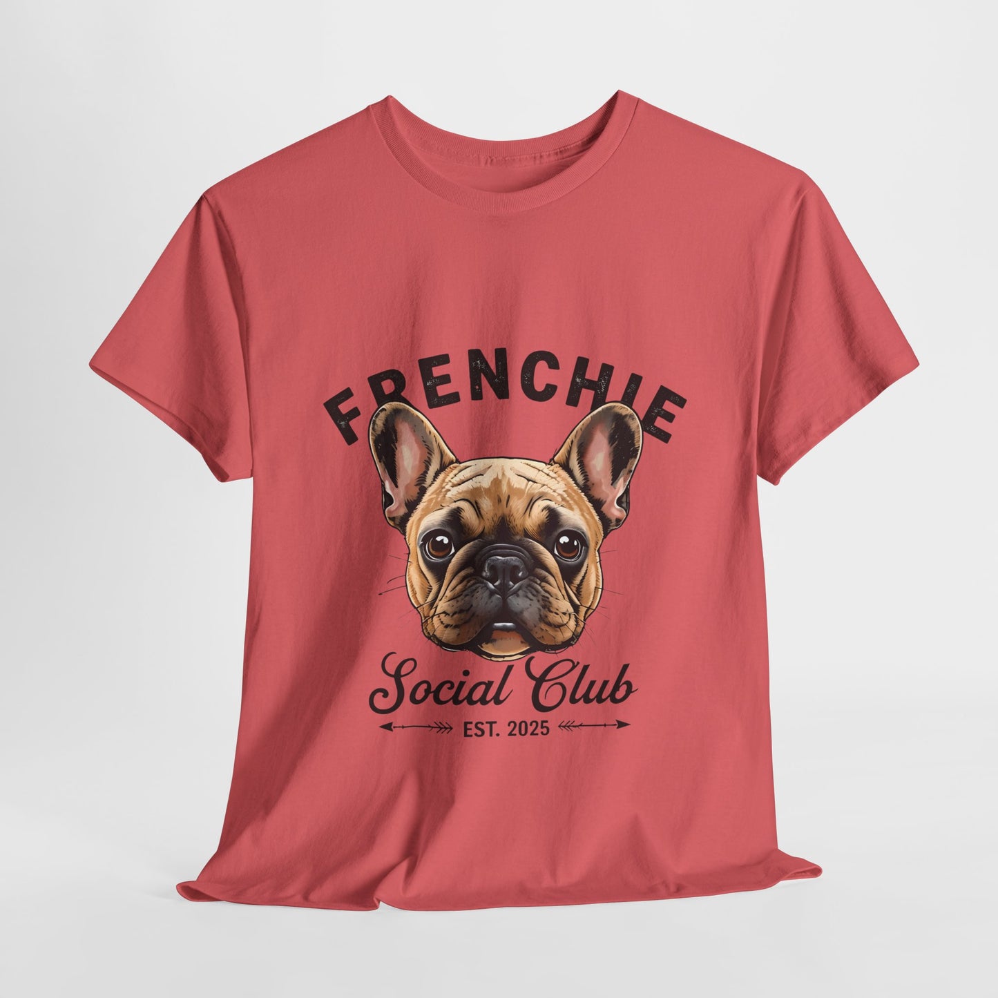 Red t-shirt with a French Bulldog graphic and 'FRENCHIE Social Club' text on a white background