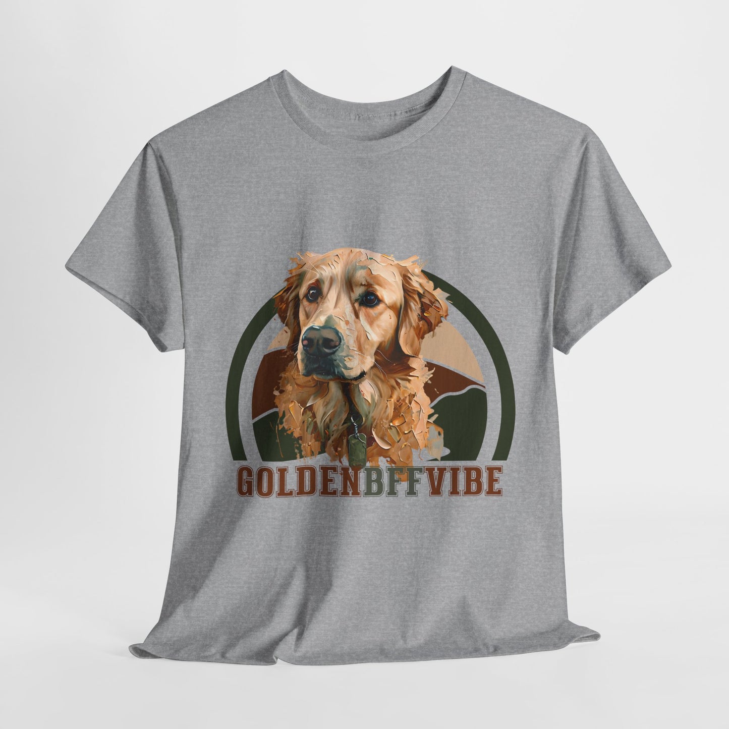 Gray t-shirt with a dog graphic and 'Golden BFF Vibe' text on a white background