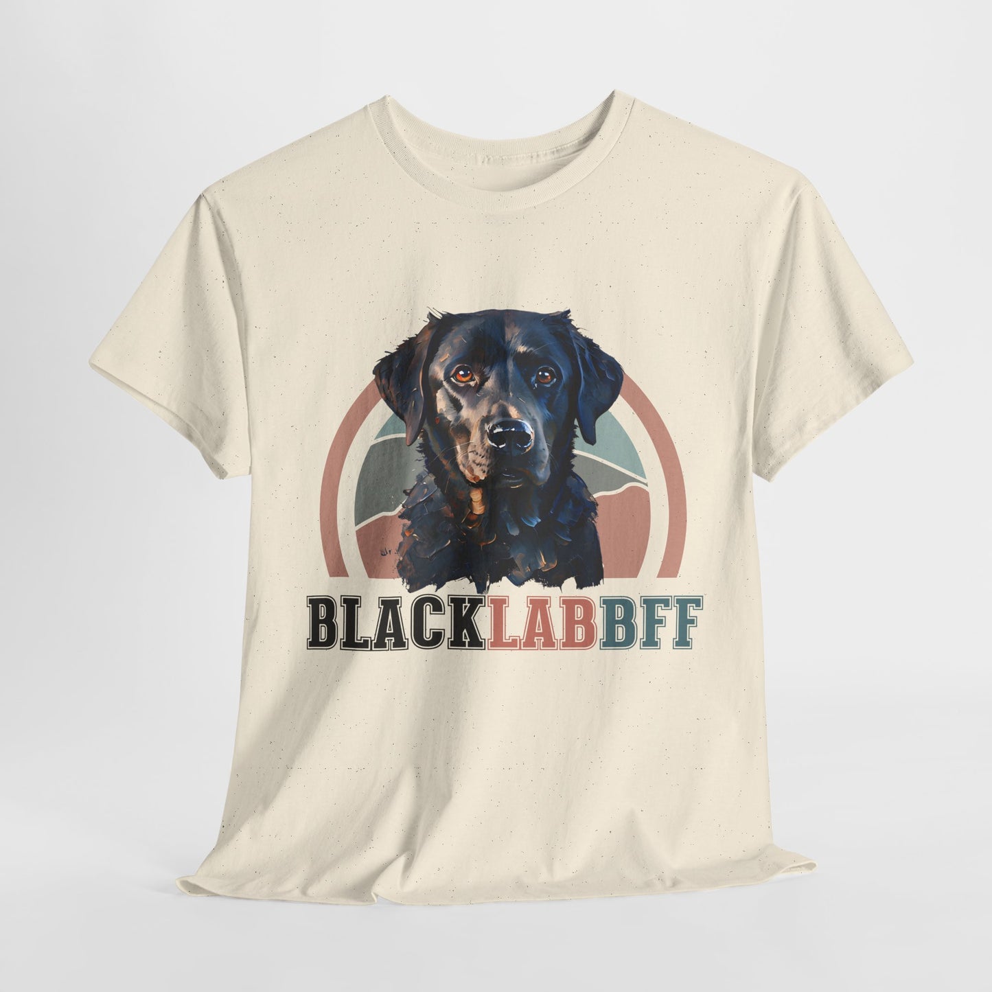 Beige t-shirt with a black labrador graphic and 'BLACK LAB BFF' text on a white background
