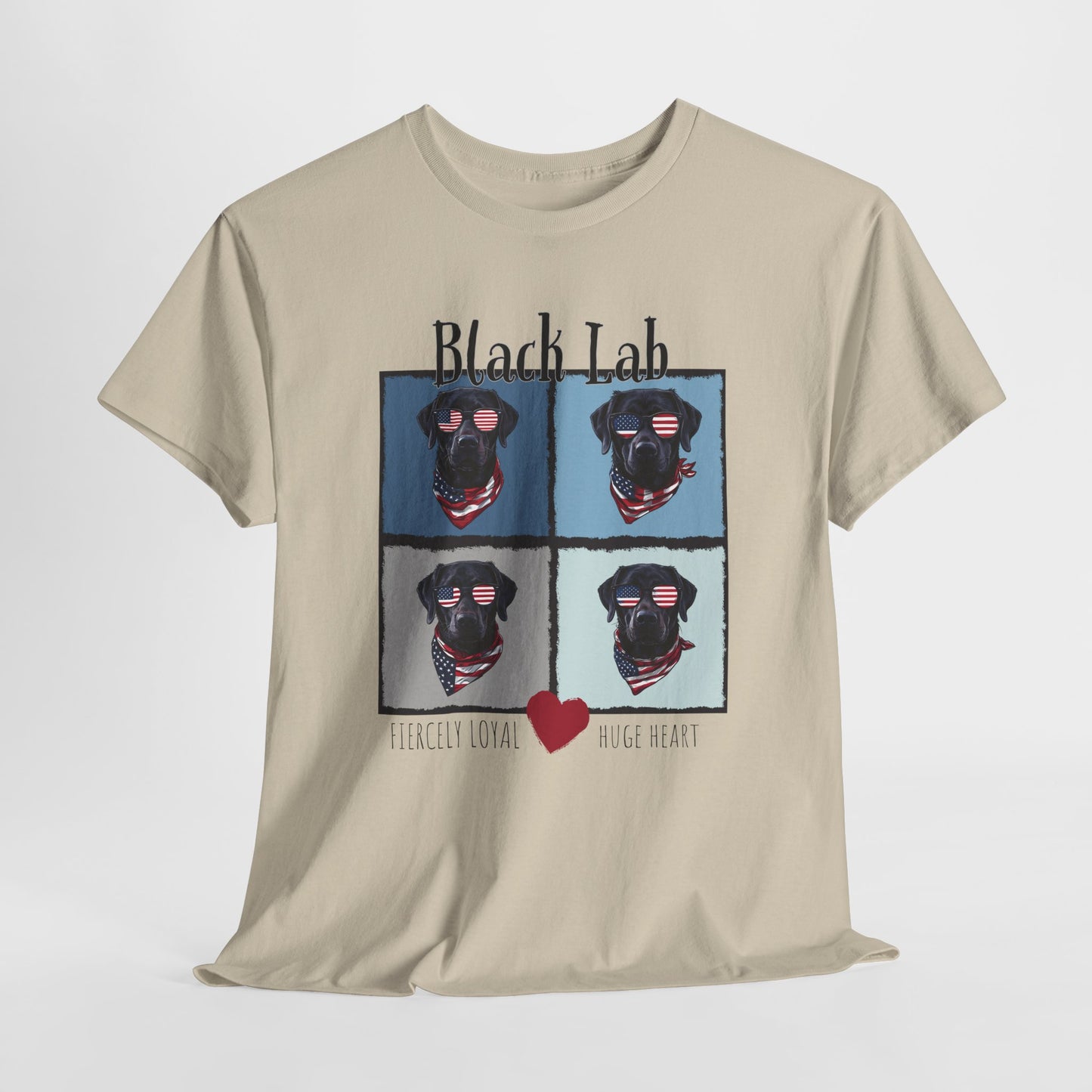 Beige t-shirt with black labrador graphic and text on a white background