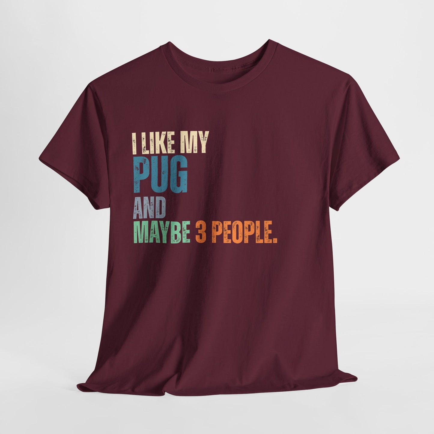 Maroon t-shirt with colorful text on a white background