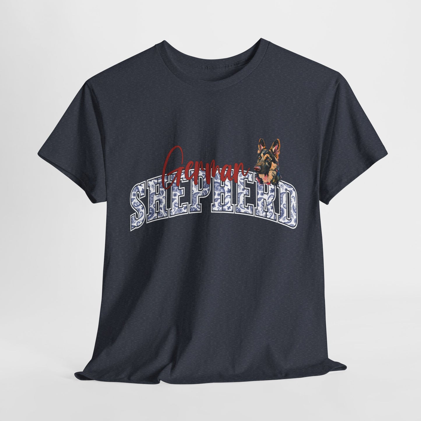 Black t-shirt with a dog graphic and 'Shepherd' text on a light gray background