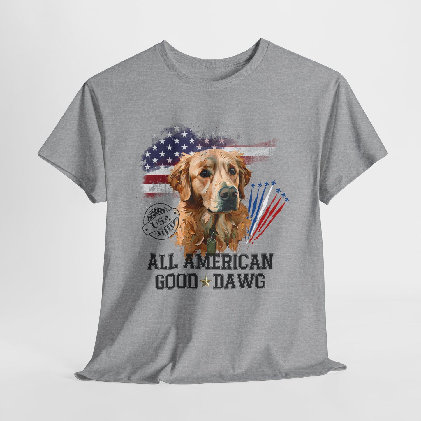 Gray t-shirt with a dog graphic and 'All American Good Dawg' text on a white background