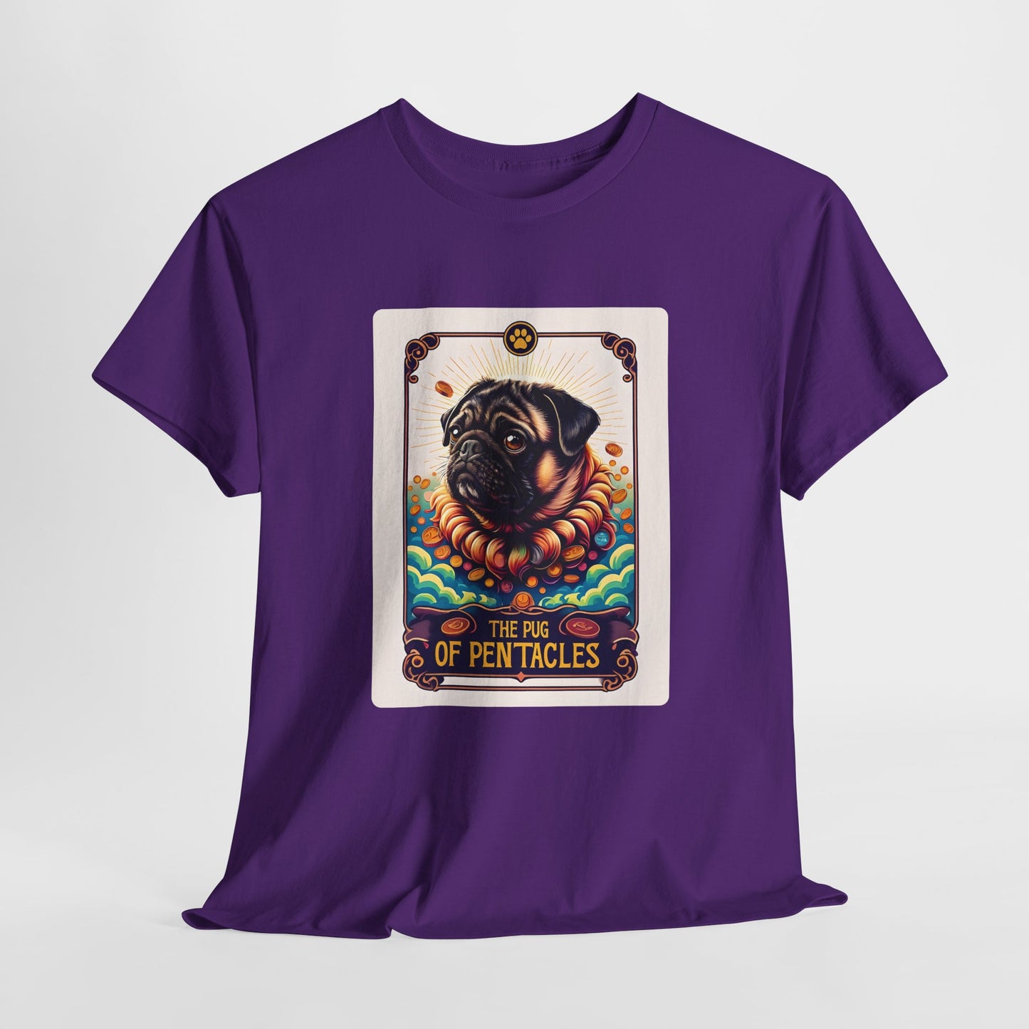 Purple t-shirt with a graphic of a pug on a tarot card design.