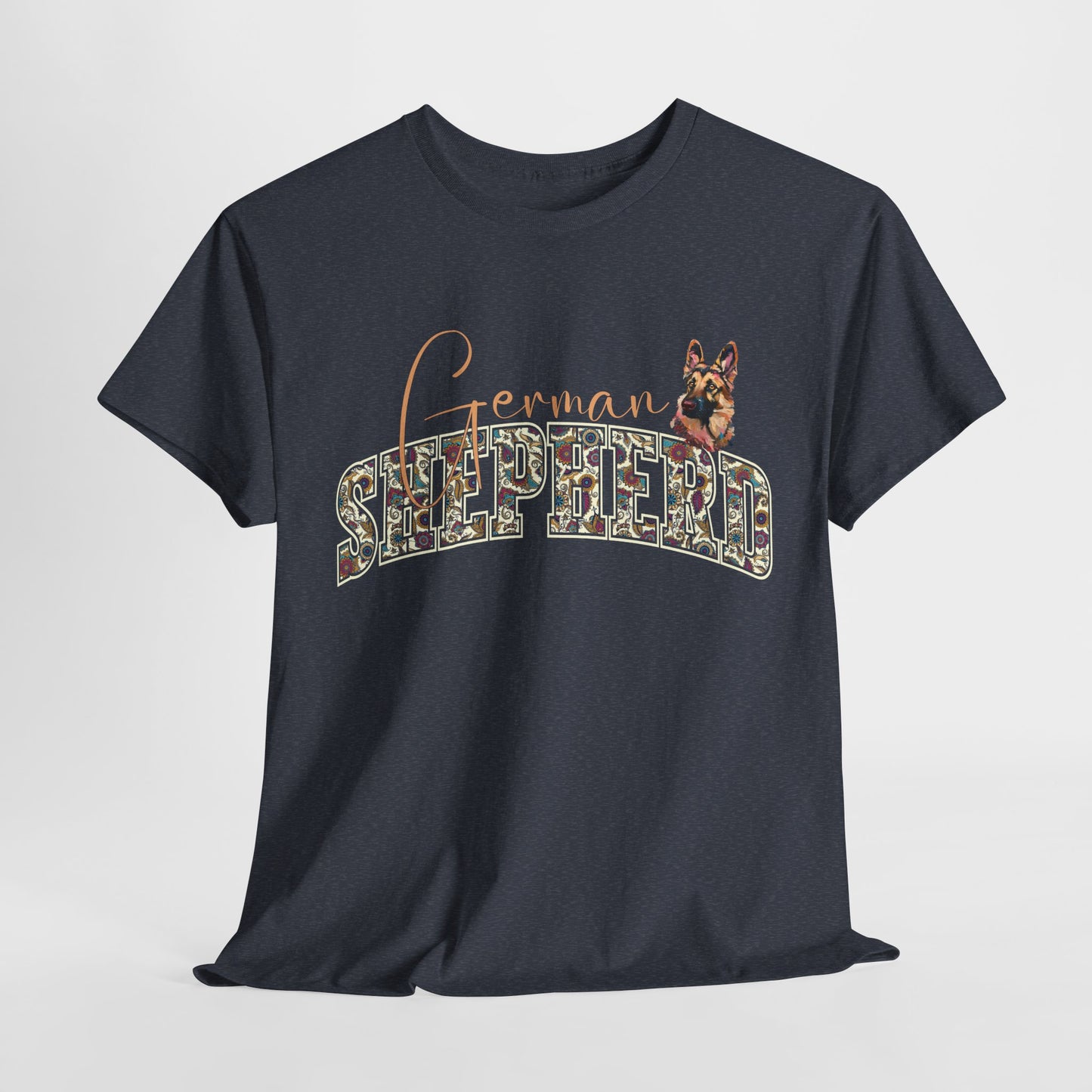 Black t-shirt with 'German Shepherd' text and dog graphic on a white background
