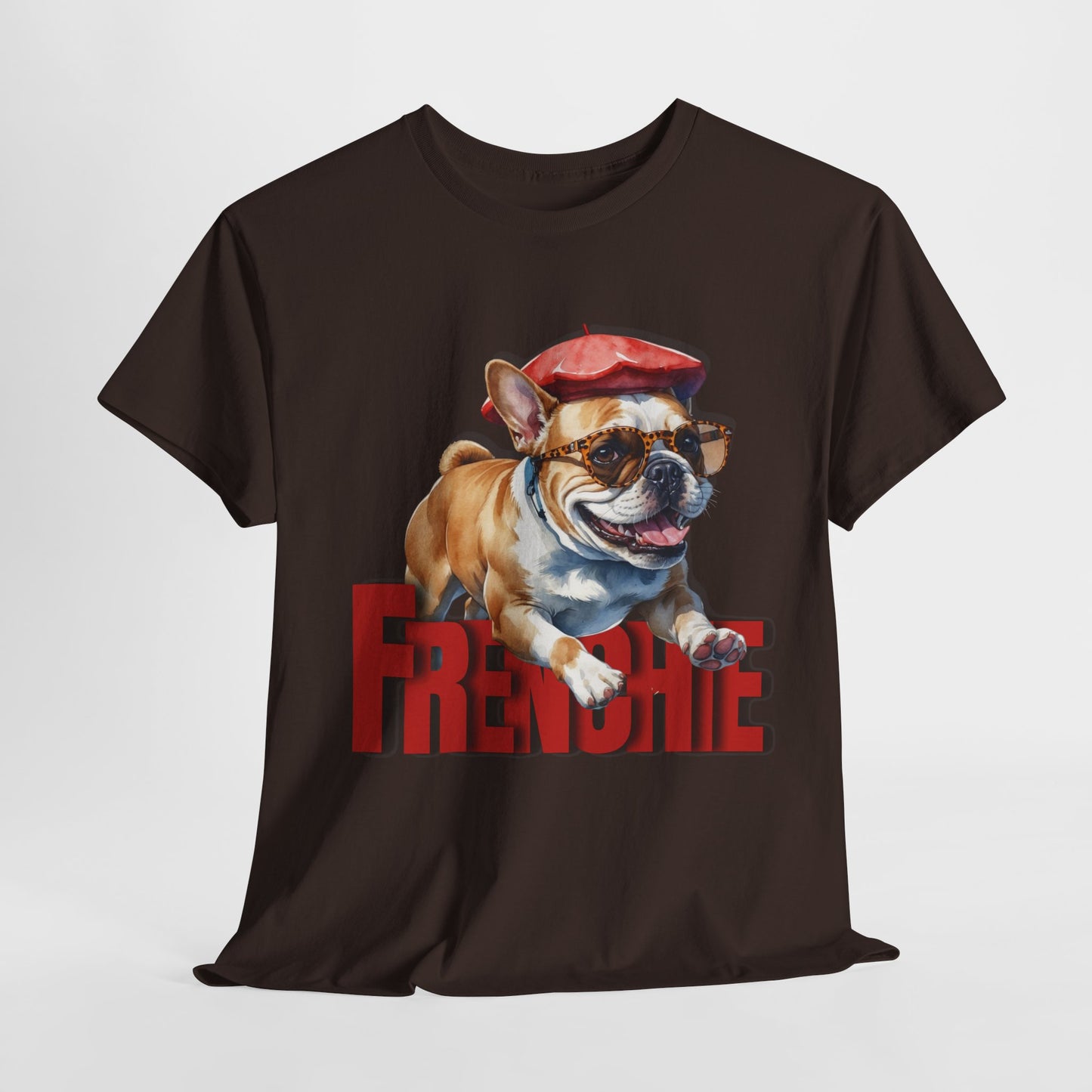 Black t-shirt with a bulldog graphic and 'Freddie' text on a white background