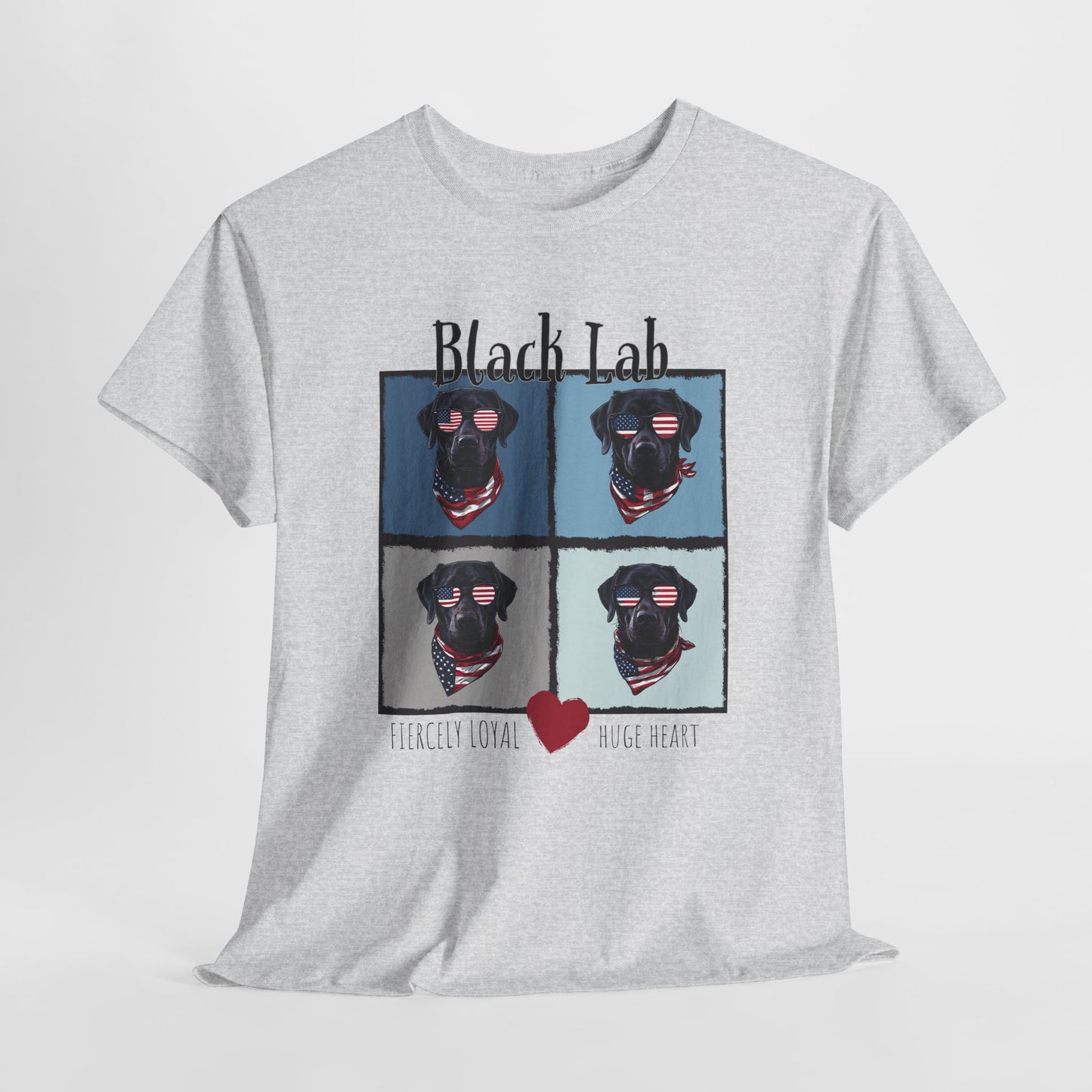 Gray t-shirt with black labrador retriever graphic and text on a white background