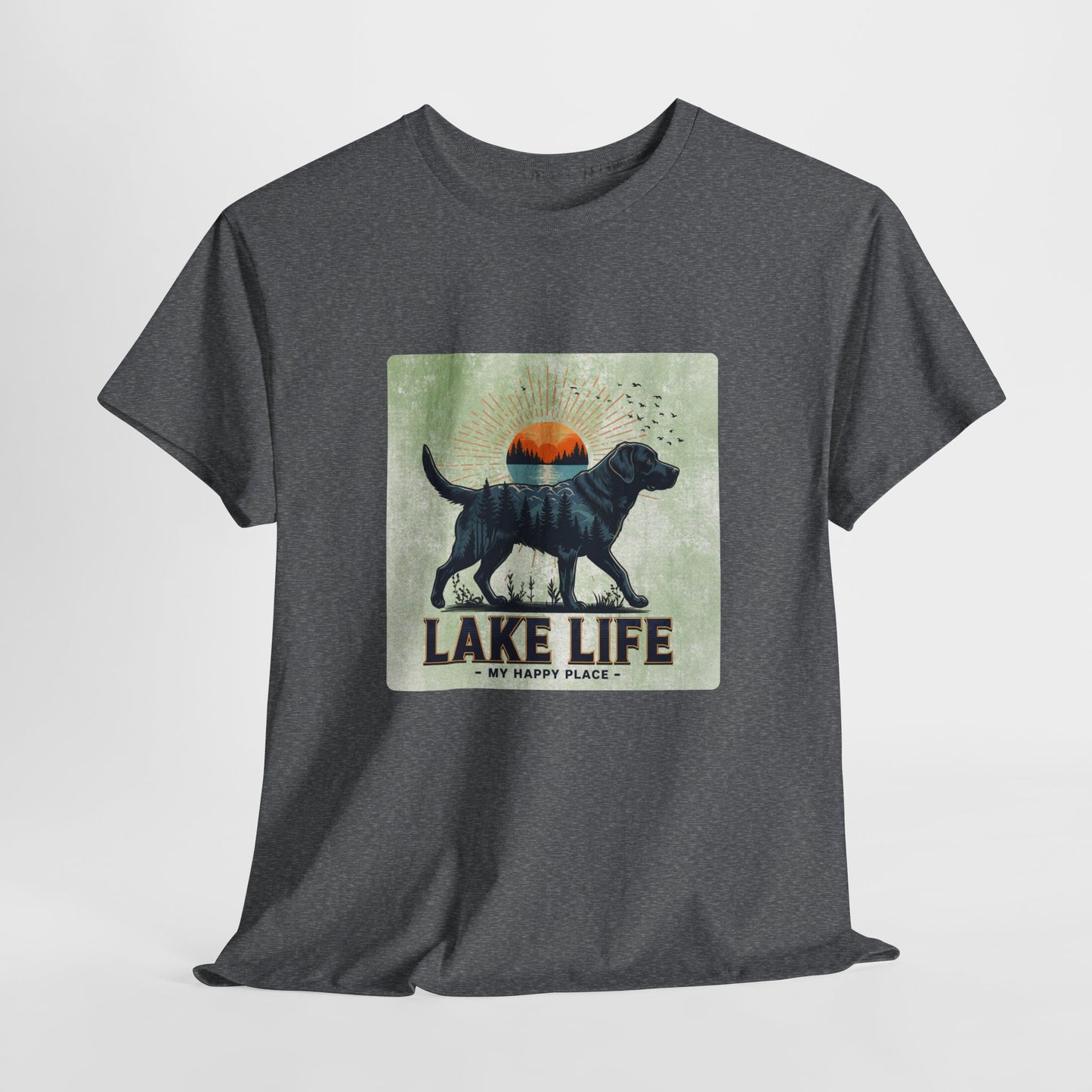 Gray t-shirt with a graphic of a dog and 'Lake Life My Happy Place' text on a light gray background