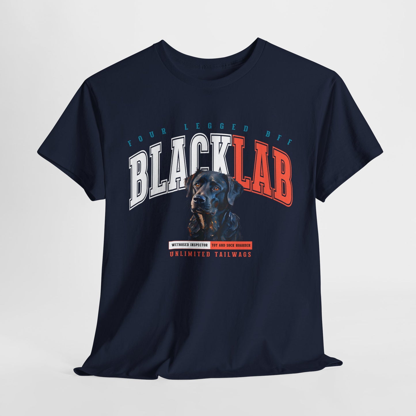 Navy blue t-shirt with 'Black Lab' graphic design on a light gray background