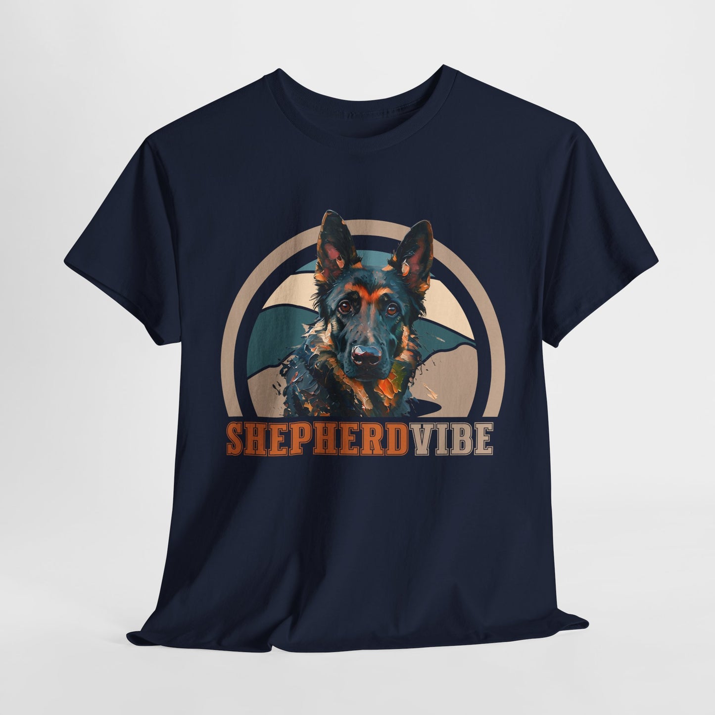 Navy blue t-shirt with a dog graphic and 'Shepherd Vibe' text on a light gray background