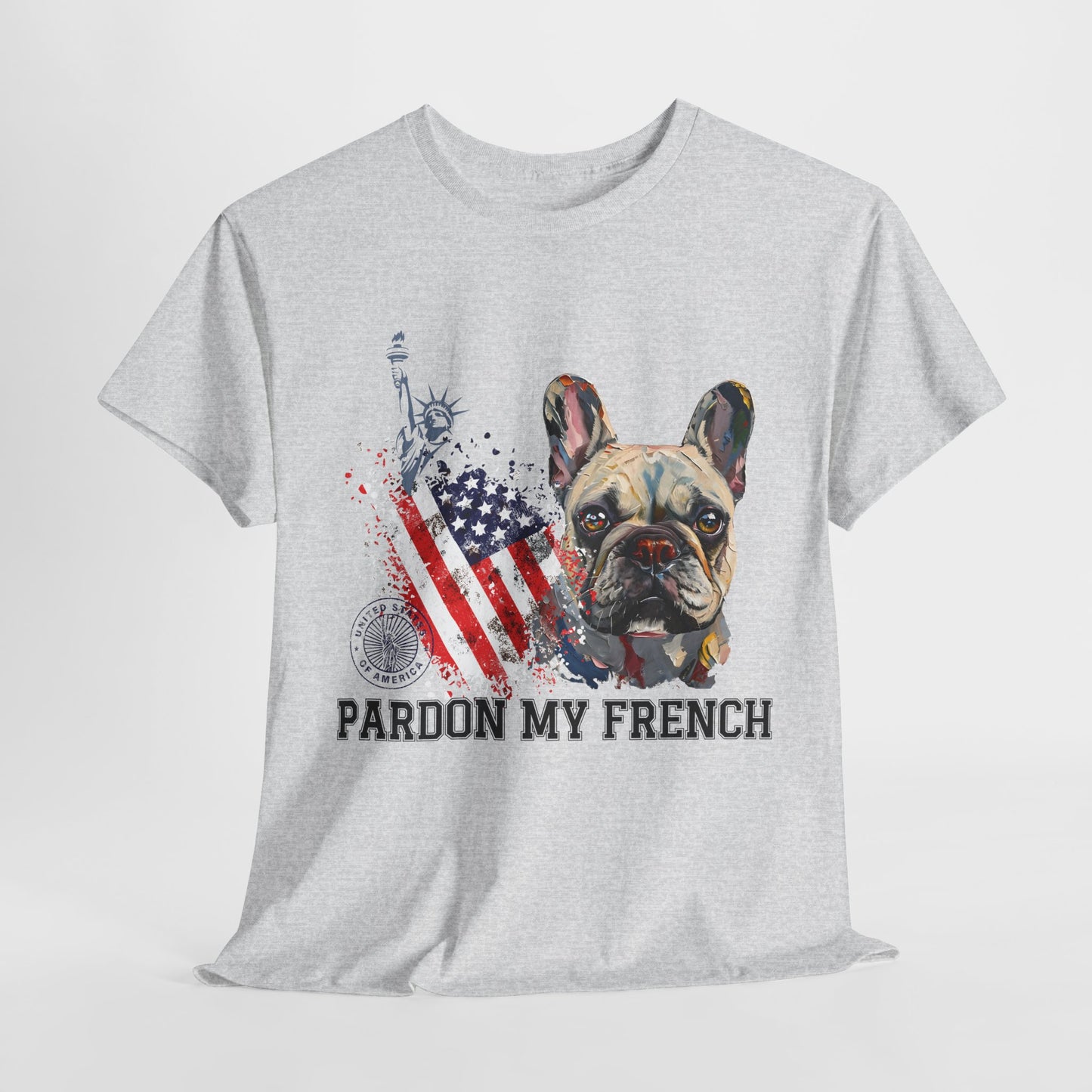 Gray t-shirt with a dog graphic and 'Pardon My French' text on a white background