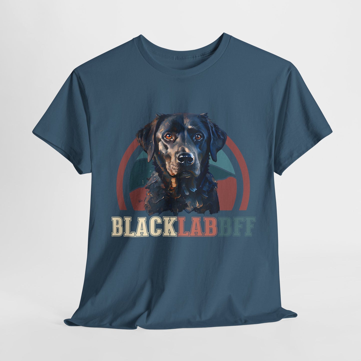 Blue t-shirt with a black labrador graphic and 'BLACK LAB DEP' text on a white background
