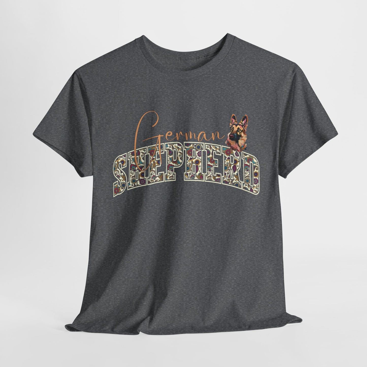 Dark gray t-shirt with 'German Shepherd' text and dog illustration on a light gray background