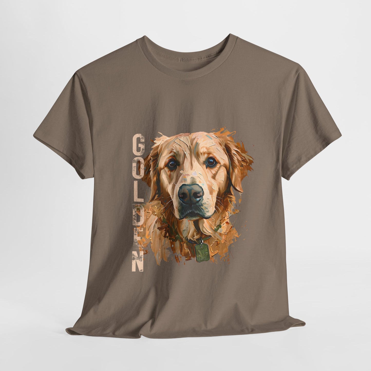 Brown t-shirt with a golden retriever graphic and 'Golden' text on a white background