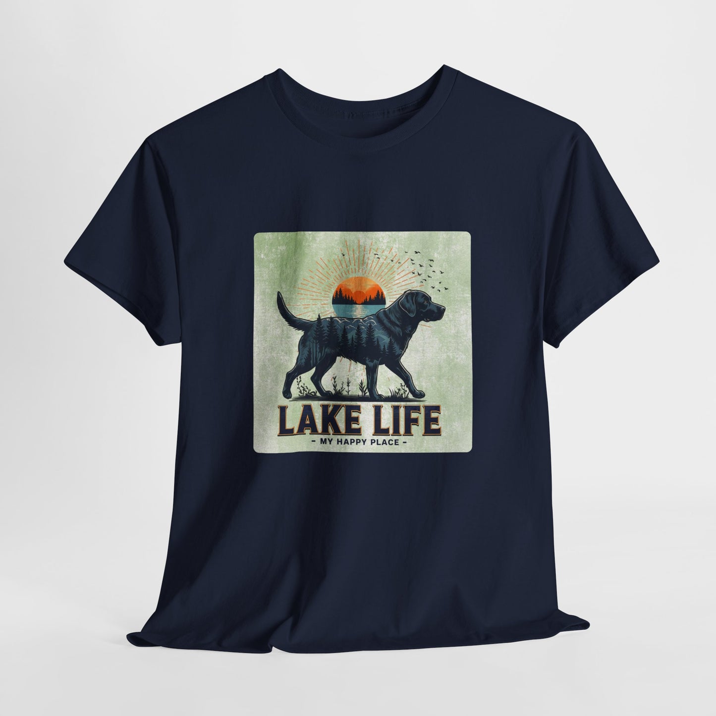 Navy blue t-shirt with a graphic of a dog and 'Lake Life' text on a light gray background