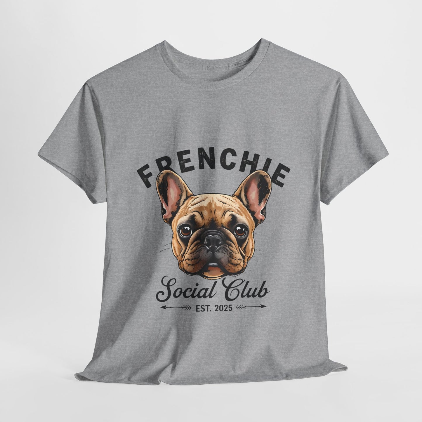 Gray t-shirt with a French Bulldog graphic and 'Frenchie Social Club' text on a white background