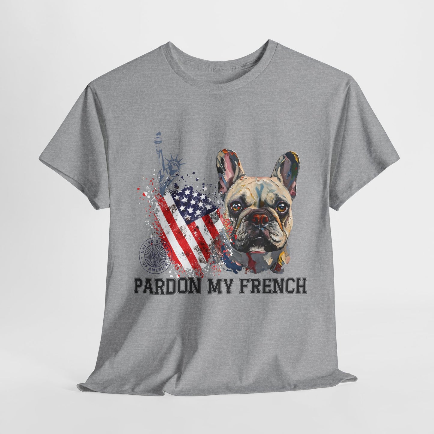 Gray t-shirt with a dog graphic and 'Pardon My French' text on a white background