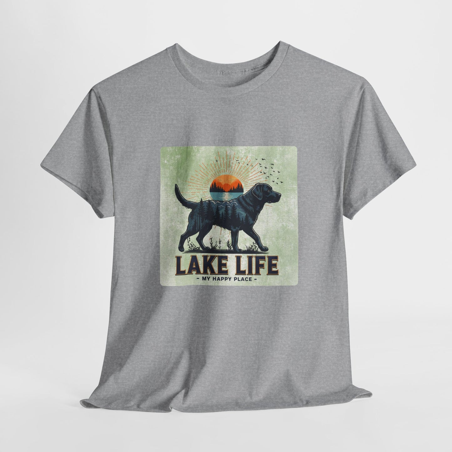Gray t-shirt with a graphic of a dog and 'Lake Life My Happy Place' text on a light gray background