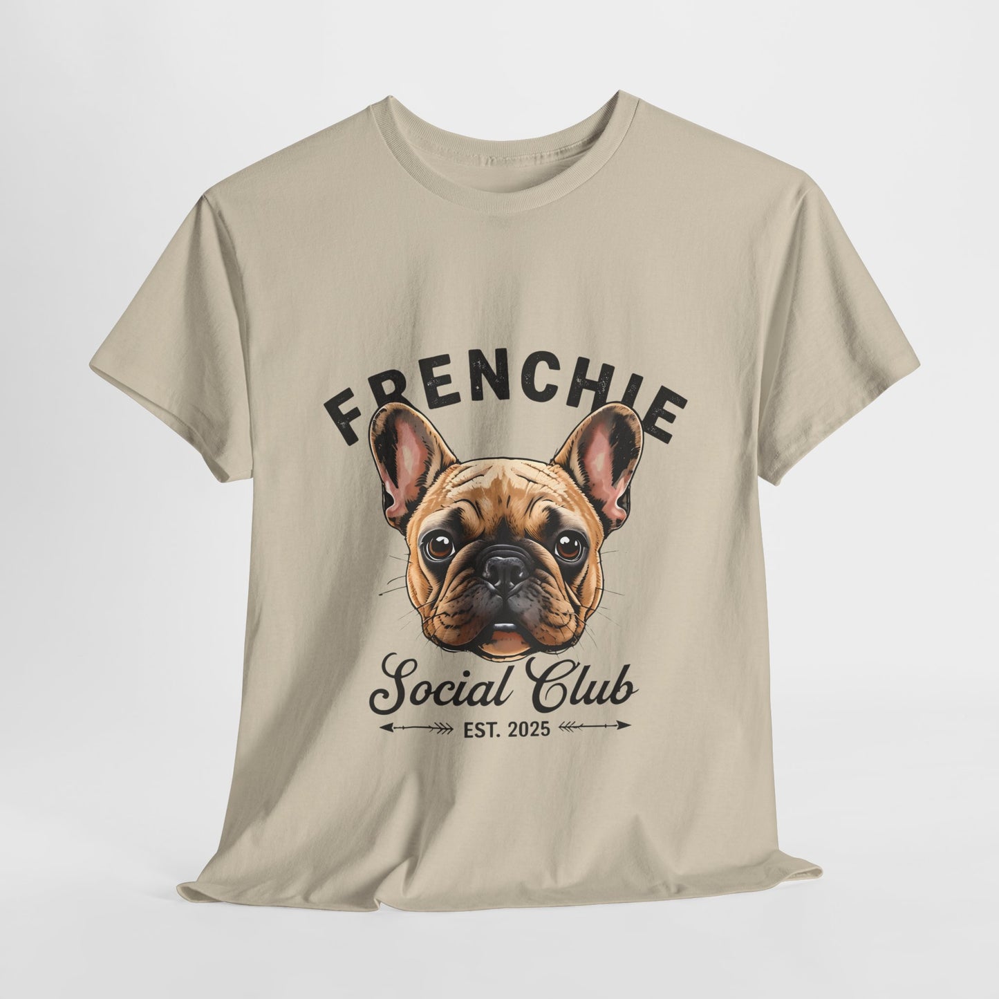 Beige t-shirt with a graphic of a French Bulldog and text 'FRENCHIE Social Club EST. 2025' on a white background