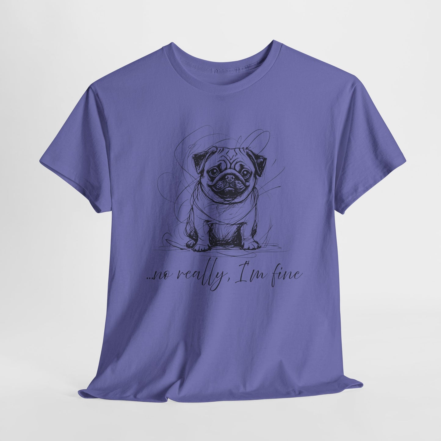Purple t-shirt with a pug graphic and text on a light gray background