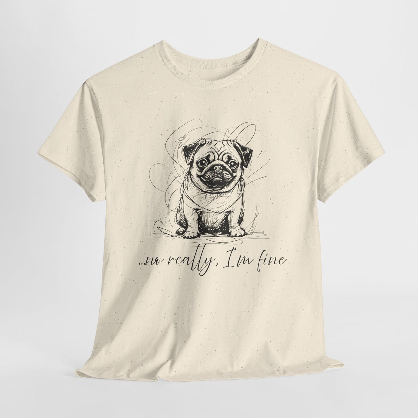 Beige t-shirt with a pug graphic and text on a white background