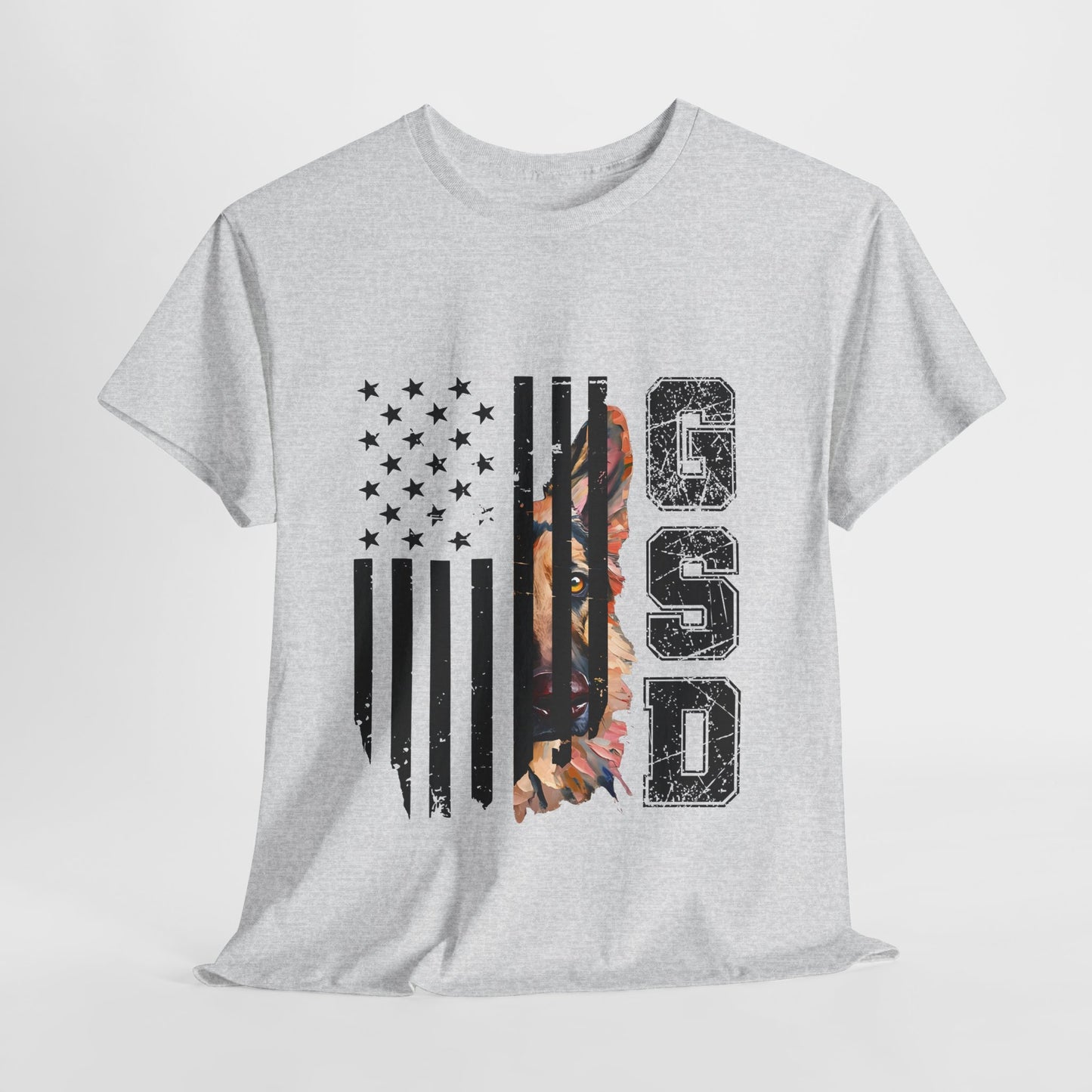 Gray t-shirt with American flag and paw print design on a white background