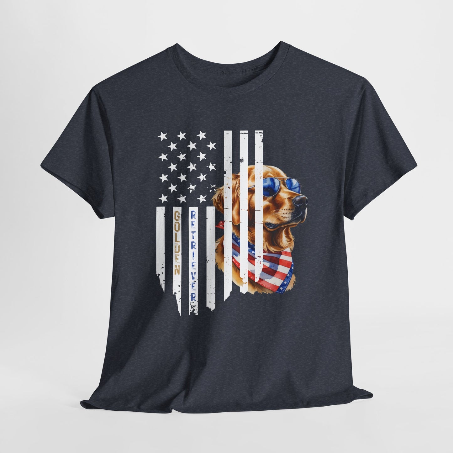 Black t-shirt with a dog wearing sunglasses and an American flag design on a light gray background