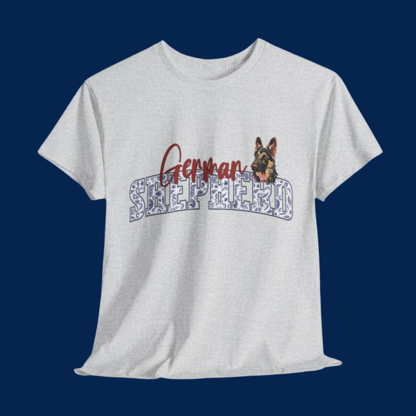 Gray t-shirt with 'German Shepherd' text and dog graphic on a white background